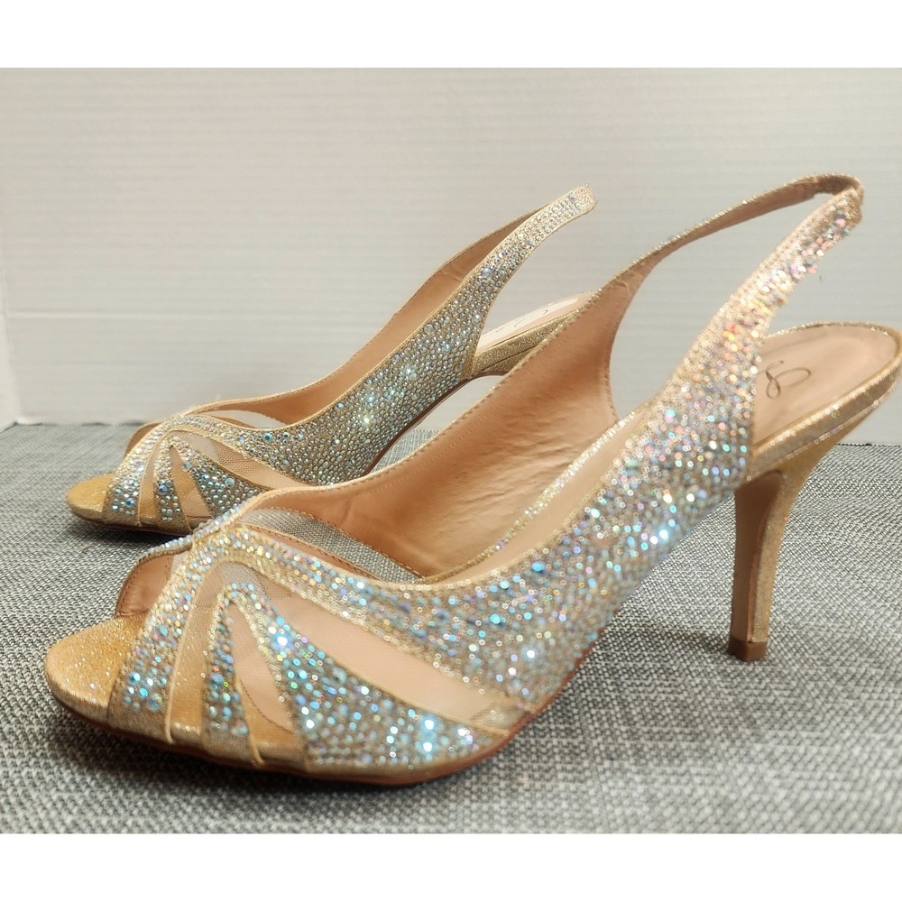 Lauren Lorraine Womens 10 Gold Slingback Heels Formal Rhinestone Peep Toe Pump